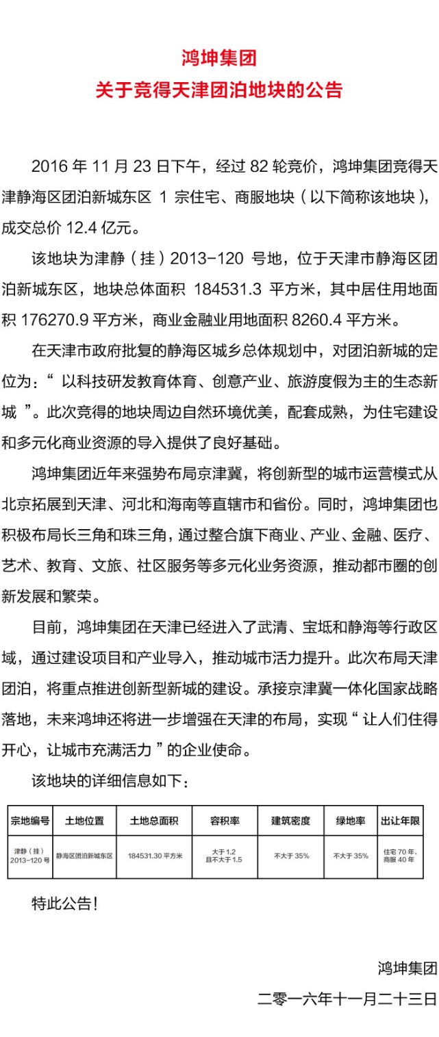 鸿坤集团关于竞得天津团泊地块的公告