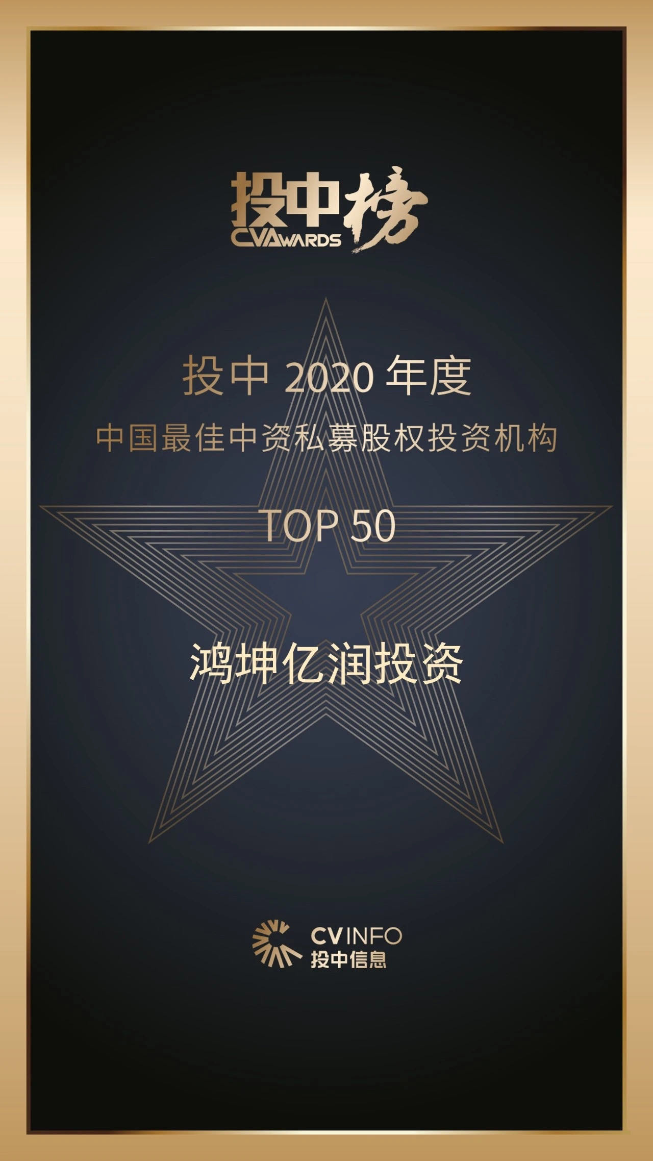 鸿坤亿润投资获2020年度中国最佳中资私募股权投资机构50强荣誉